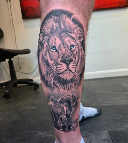 Big Black and Grey Lion Head Animal Tattoo on Men Leg by @scribbleink