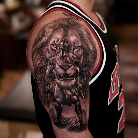 Big Black and Grey Lion Hercules on Men Arm Tattoo by @inkskinpro