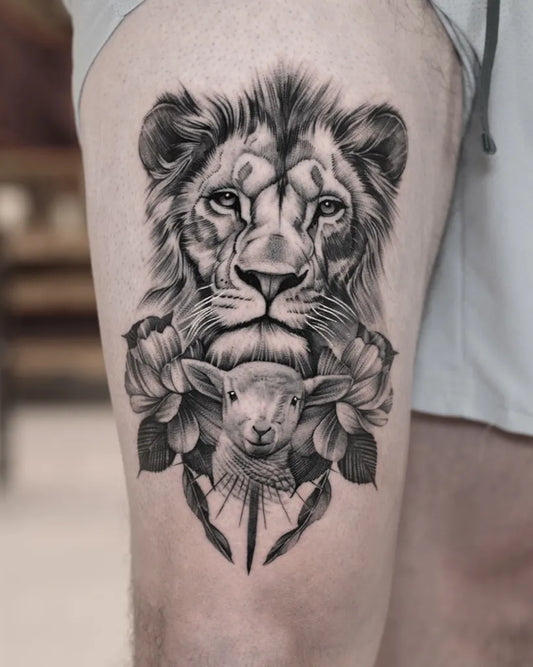 Big Black and Grey Lion Lamb Rose on Men Thigh Tattoo by @zig_tattoos