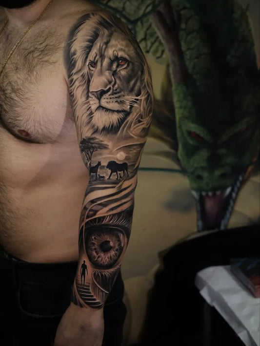 Big Black and Grey Lion Landscape Eye on Men Arm Tattoo by @harnoldmecaj