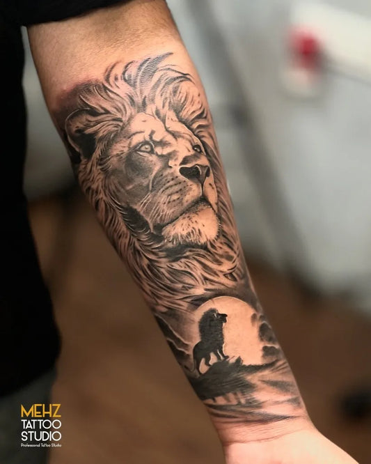 Big Black and Grey Lion Moon Wolf on Men Arm Tattoo by @themehztattoostudio