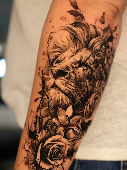 Big Black and Grey Lion Roses and Leaves on Men Arm Tattoo by @d.gone_ttt