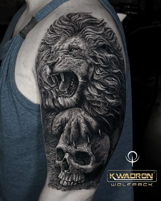 Big Black and Grey Lion Skull on Men Arm Tattoo by @etgaroak