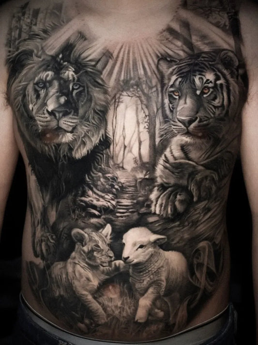 Big Black and Grey Lion Tiger Lamb on Men Chest Tattoo by @linyurentattoo
