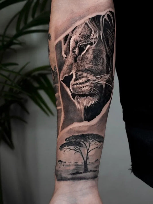 Big Black and Grey Lion Tree Landscape on Men Arm Tattoo by @tim.tattooist