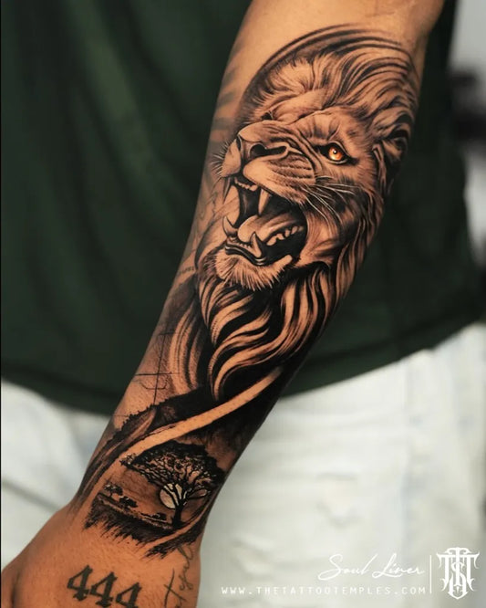 Big Black and Grey Lion Tree Tattoo on Men Arm by @soul_liner_