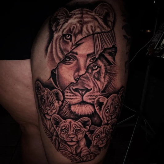 Big Black and Grey Lion Woman Thigh Tattoo by @tinogtattoos