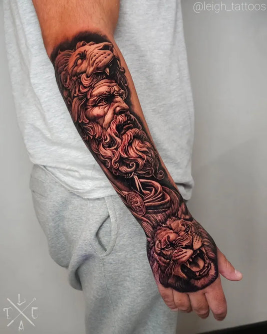 Big Black and Grey Lion Zeus Sleeve on Men Arm Tattoo by @leigh_tattoos