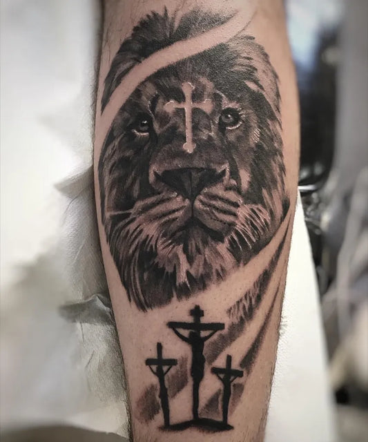 Big Black and Grey Lion and 3 Cross Tattoo on Men Leg by @marcolaritattoo