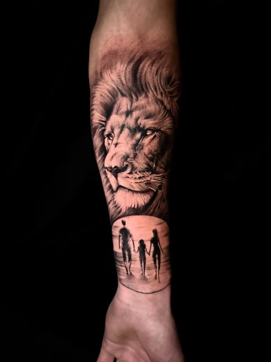 Big Black and Grey Lion and Family Silhouettes on Men Arm Tattoo by @binayak_tattoo