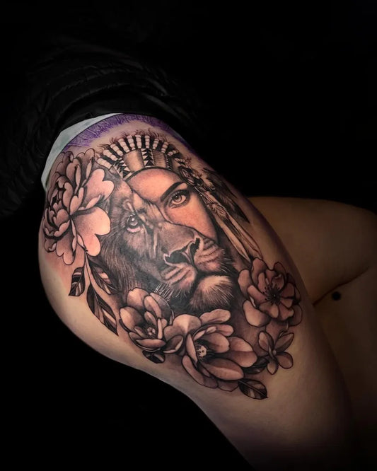 Big Black and Grey Lion and Flowers Tattoo on Women Hip by @undertheneedleaz