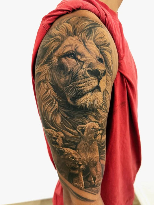 Big Black and Grey Lion and Lion Cub on Men Arm Tattoo by @martin.misfits