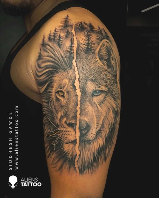 Big Black and Grey Lion and Wolf Tattoo on Men Bicep by @_siddheshh_gawde
