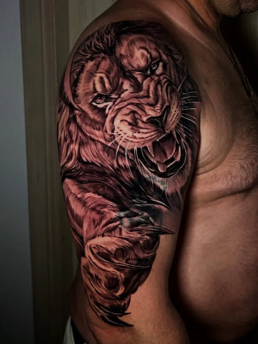 Big Black and Grey Lion on Men Arm Tattoo by @enzo_buchicchio