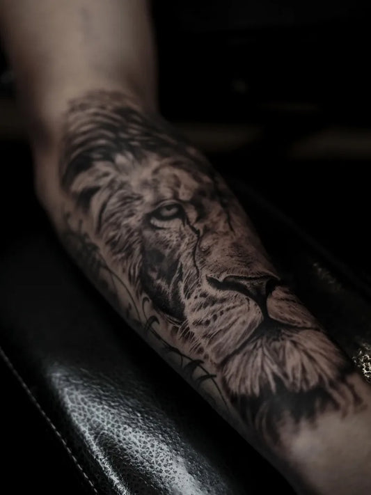 Big Black and Grey Lion on Men Arm Tattoo by @eratattz
