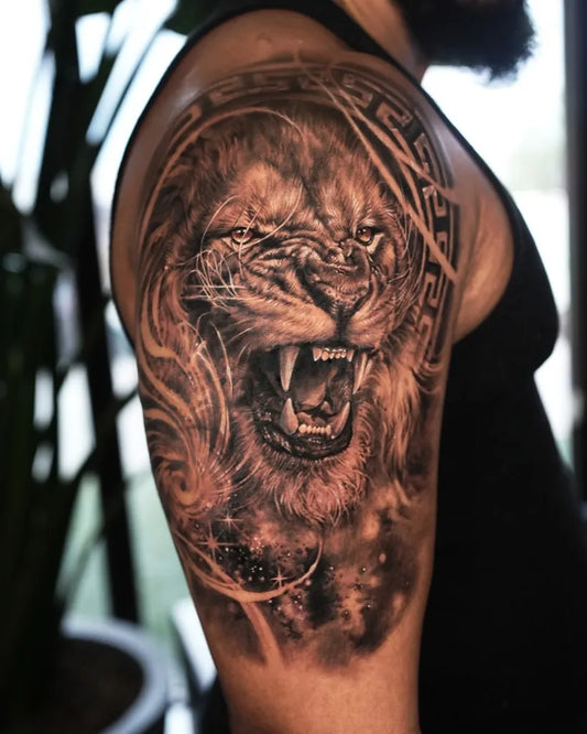 Big Black and Grey Lion on Men Arm Tattoo by @jiyatattoo