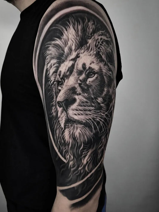 Big Black and Grey Lion on Men Arm Tattoo by @maxeatontattoo