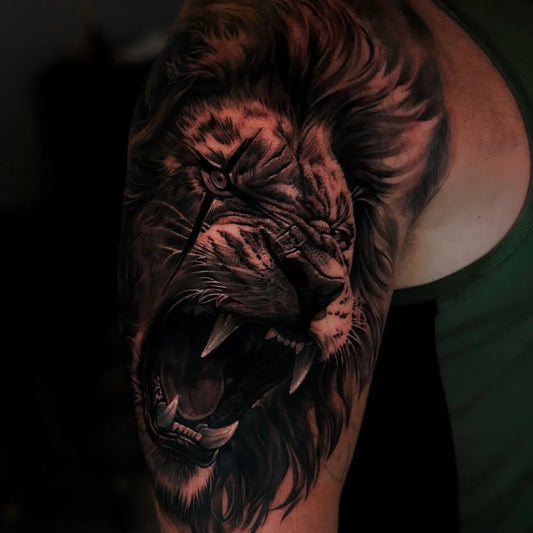 Big Black and Grey Lion on Men Arm Tattoo by @mr.tea0801