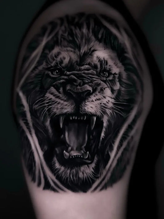 Big Black and Grey Lion on Men Arm Tattoo by @tattooist_stex