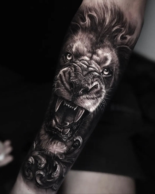 Big Black and Grey Lion on Men Arm Tattoo by @yongya_tattoo