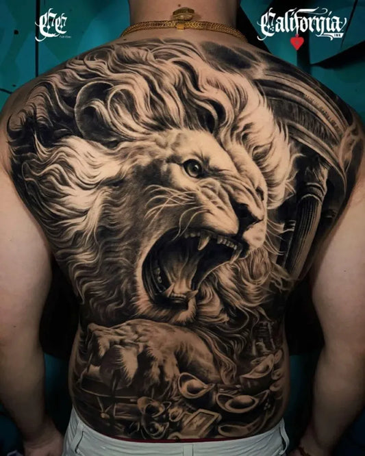 Big Black and Grey Lion on Men Back Tattoo by @californiainktattoobangkok