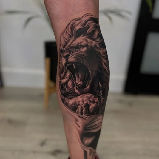 Big Black and Grey Lion on Men Leg Tattoo by @dustin_yip