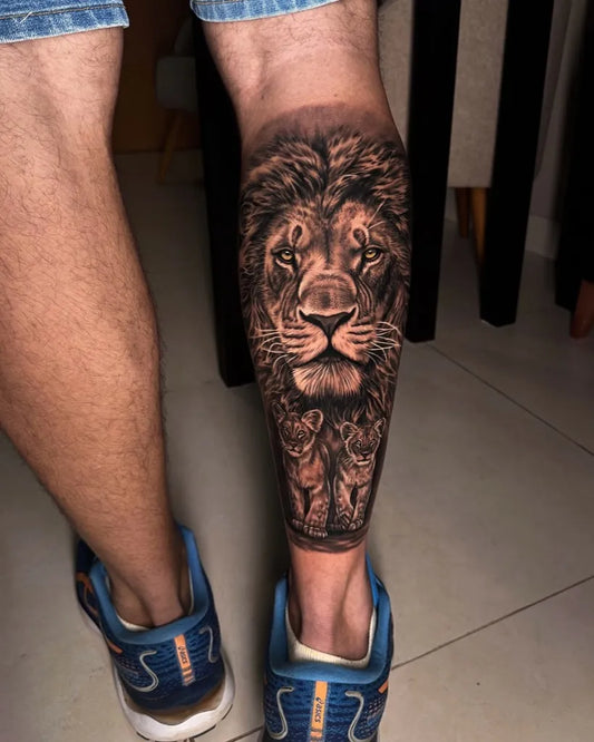 Big Black and Grey Lion on Men Leg Tattoo by @pauloarttattoo_
