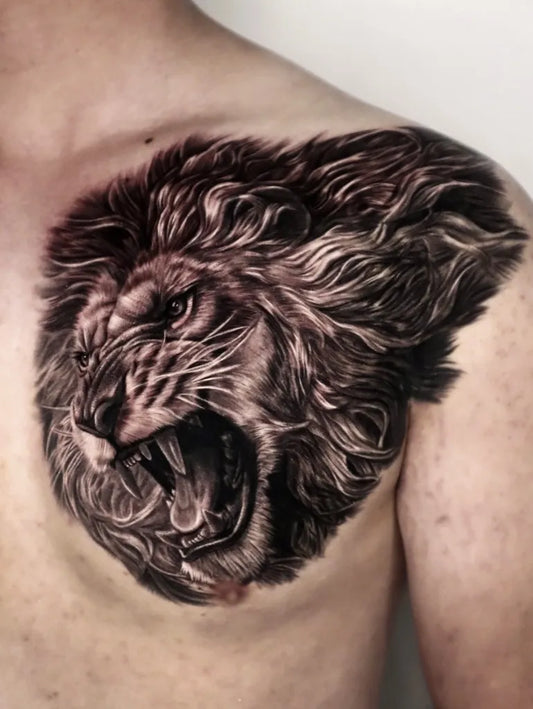 Big Black and Grey Lion on Men Shoulder Tattoo by @tae_o_tt
