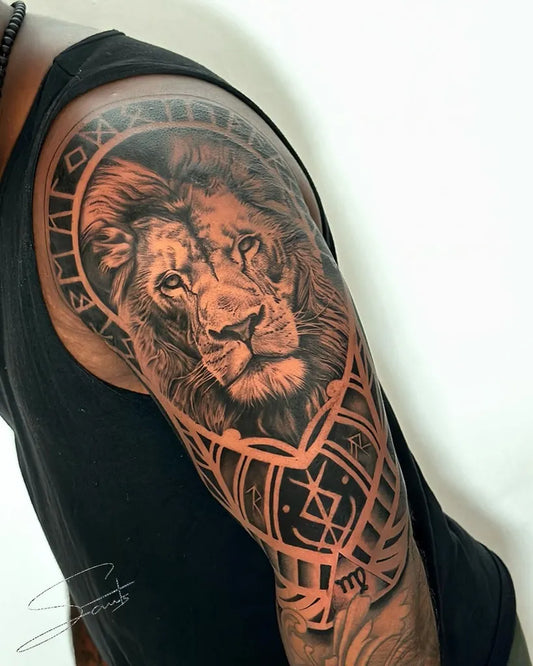 Big Black and Grey Lion with Celtic Knots and Zodiac on Men Arm Tattoo by @sachu_tz