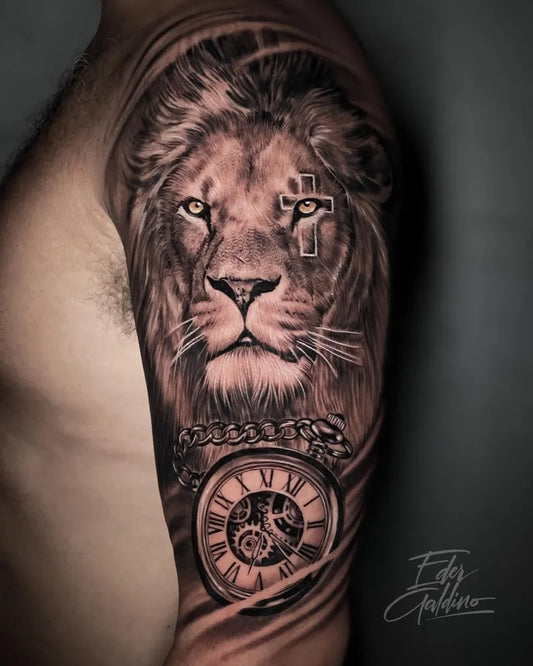 Big Black and Grey Lion with Cross and Clock on Men Arm Tattoo by @edergaldinotattoo