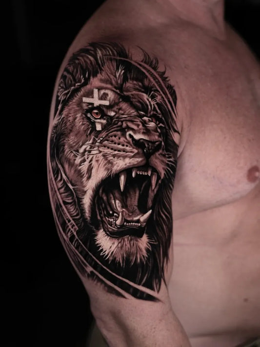 Big Black and Grey Lion with Cross on Men Arm Tattoo by @knightattoos