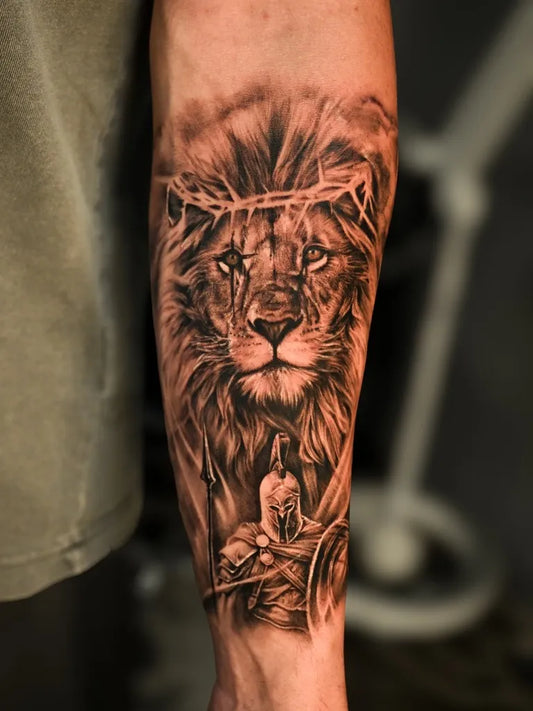 Big Black and Grey Lion with Crown of Thorns and Skull Men Arm Tattoo by @rennisoottat