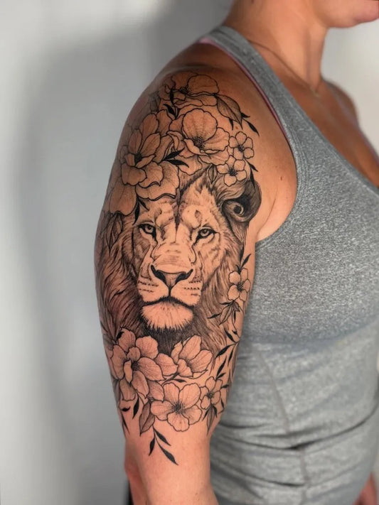 Big Black and Grey Lion with Flowers on Women Shoulder Tattoo by @rm.inked