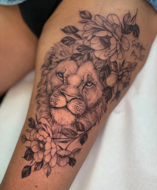 Big Black and Grey Lion with Flowers on Women Thigh Tattoo by @marichyl