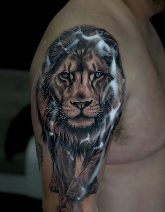Big Black and Grey Lion with Lightning on Men Arm Tattoo by @tattootimebatumi
