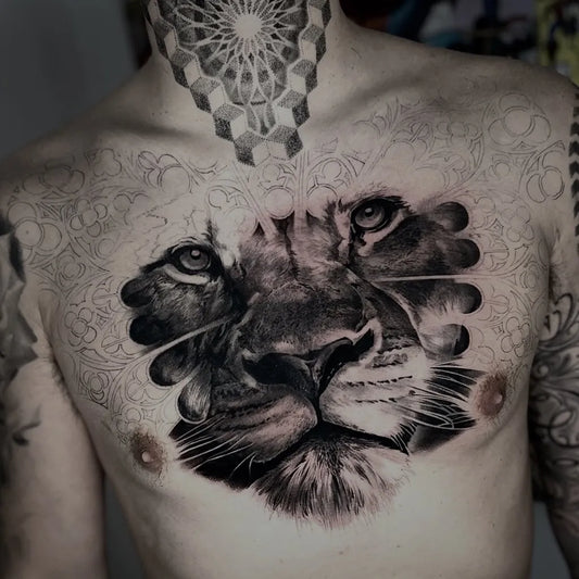 Big Black and Grey Lion with Mandala on Men Chest Tattoo by @inkbishop