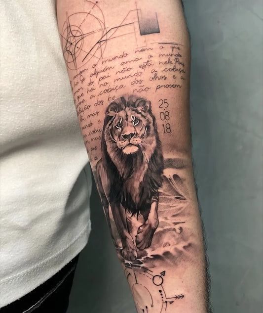 Big Black and Grey Lion with Script and Geometry on Men Arm Tattoo by @ohbraulim