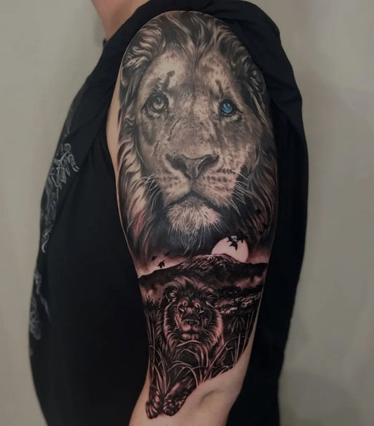 Big Black and Grey Lion with Sunset on Men Arm Tattoo by @ellisreidtattoos