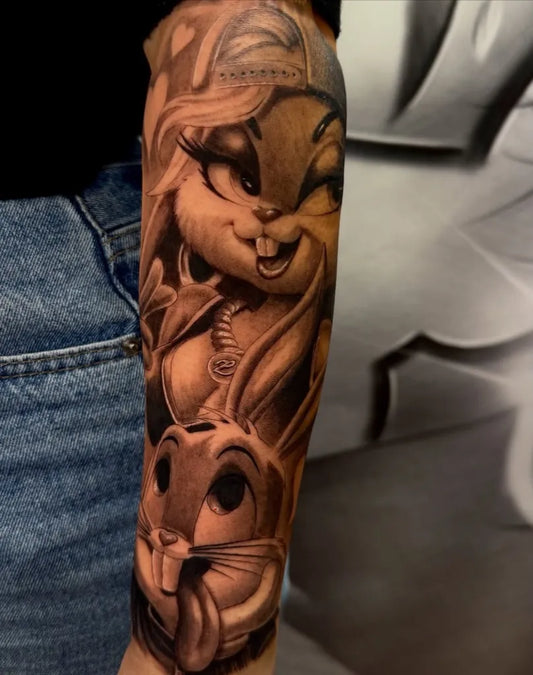 Big Black and Grey Lola Bunny with Bunny Tattoo on Women Arm by @matteo.brighter.tts