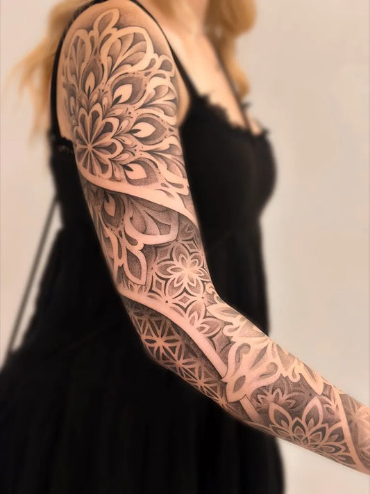 Big Black and Grey Mandala Floral Sleeve Tattoo on Women Arm by @alextreze13