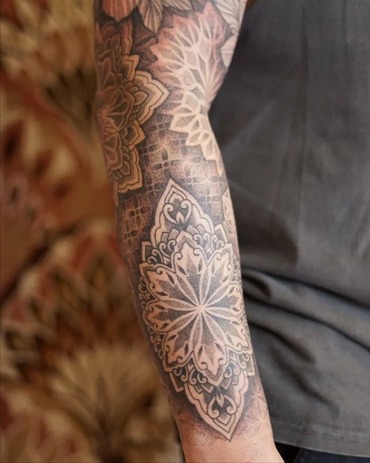Big Black and Grey Mandala Floral Tattoo on Men Arm by @lewdala