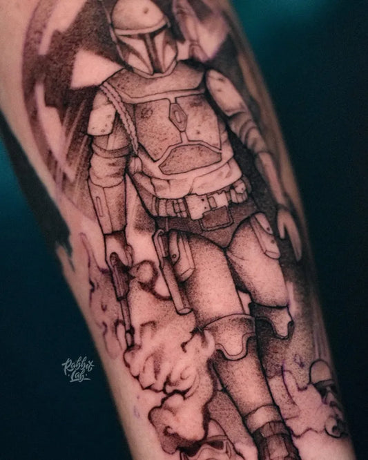 Big Black and Grey Mandalorian Warrior Star Wars Tattoo on Men Arm by @iamrabbitlab