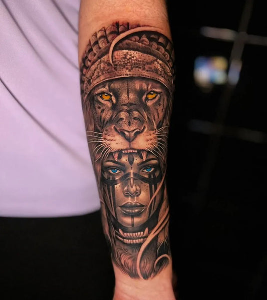Big Black and Grey Masked Lion Face Woman Arm by @fulhamtattoolondon