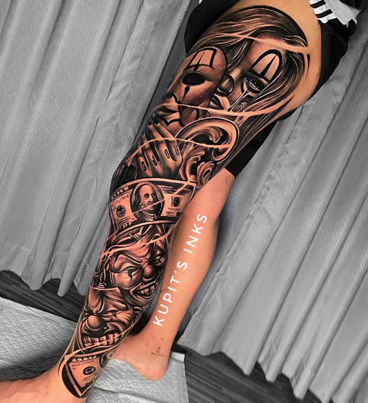 Big Black and Grey Masks and Money Tattoo on Women Thigh by @kupit_inkmatrix