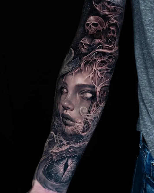 Big Black and Grey Medu sa Demon Tattoo on Women Arm by @dev_tattoo