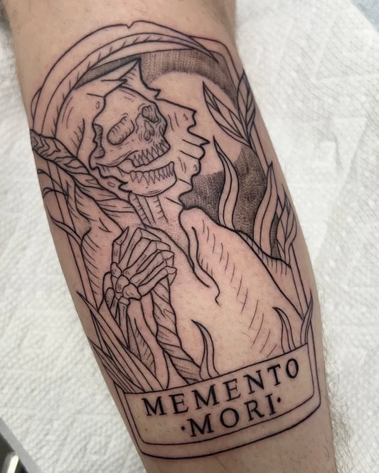 Big Black and Grey Memento Mori Grim Reaper on Men Arm Tattoo by @skybaby.tattoo