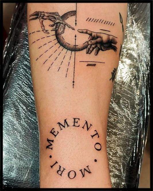 Big Black and Grey Memento Mori Hands on Men Arm Tattoo by @freaklifetattoo