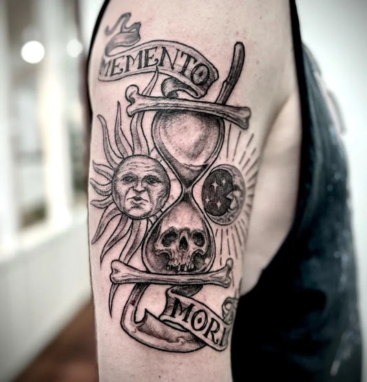 Big Black and Grey Memento Mori Hourglass Skull on Men Arm Tattoo by @ellozee
