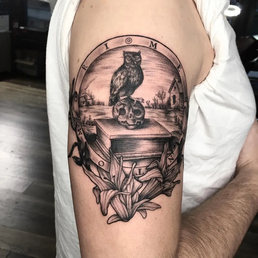Big Black and Grey Memento Mori Owl and Skull on Men Arm Tattoo by @mandysutattoos