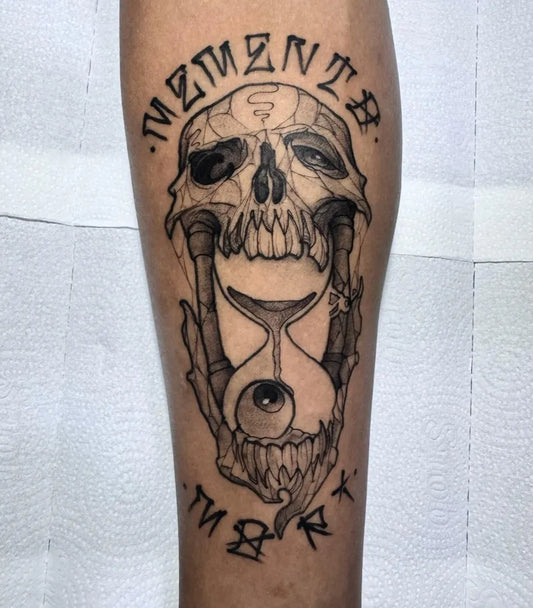 Big Black and Grey Memento Mori Skull Hourglass on Men Arm Tattoo by @grltattoos